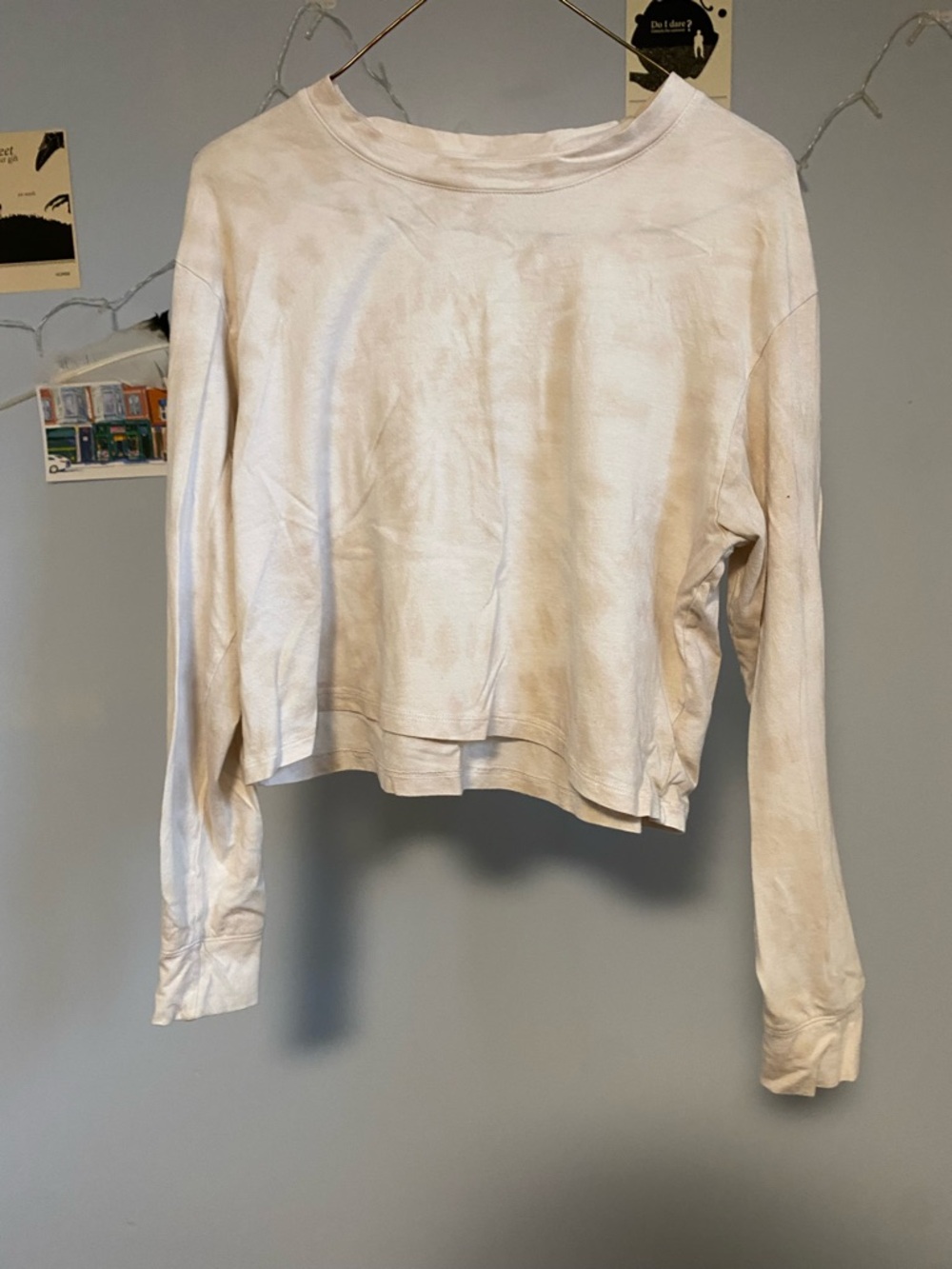 American Eagle Women's Cream subtle tie dye Long-Sleeve Cropped Top